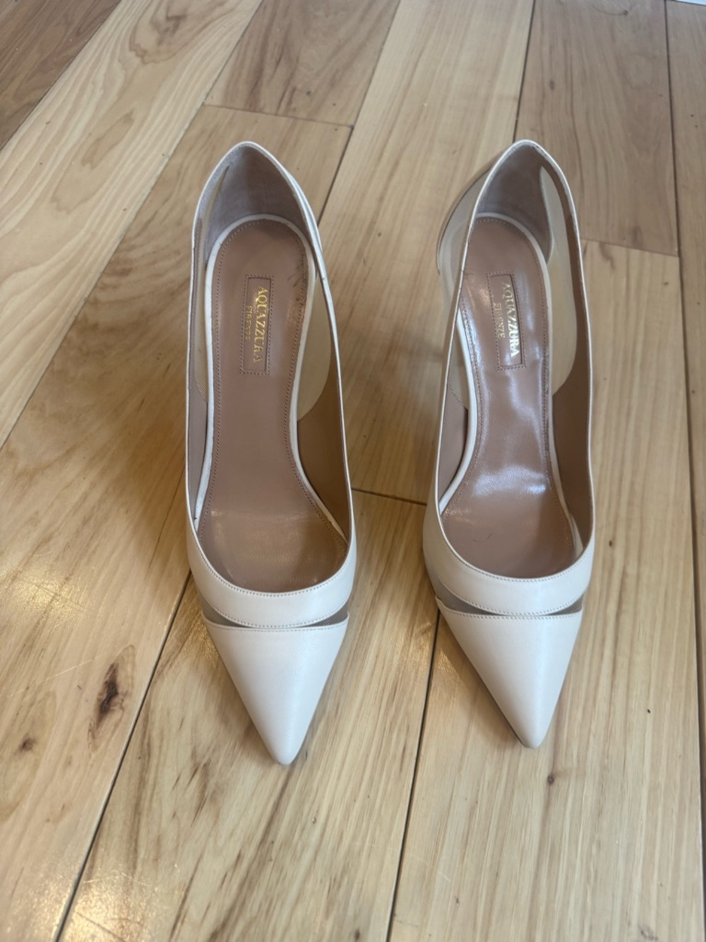 Aquazzura Ivory Pointed-Toe Mesh Panel Stiletto Pumps - Picture 14 of 15